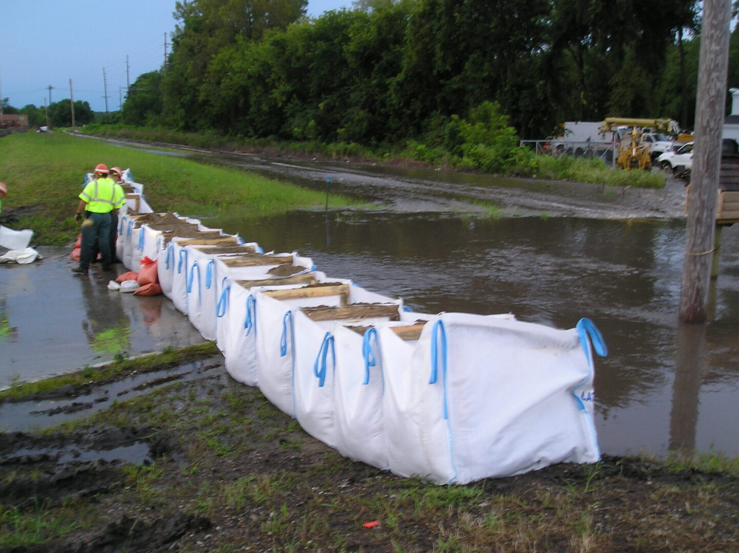 A flood barrier system in use